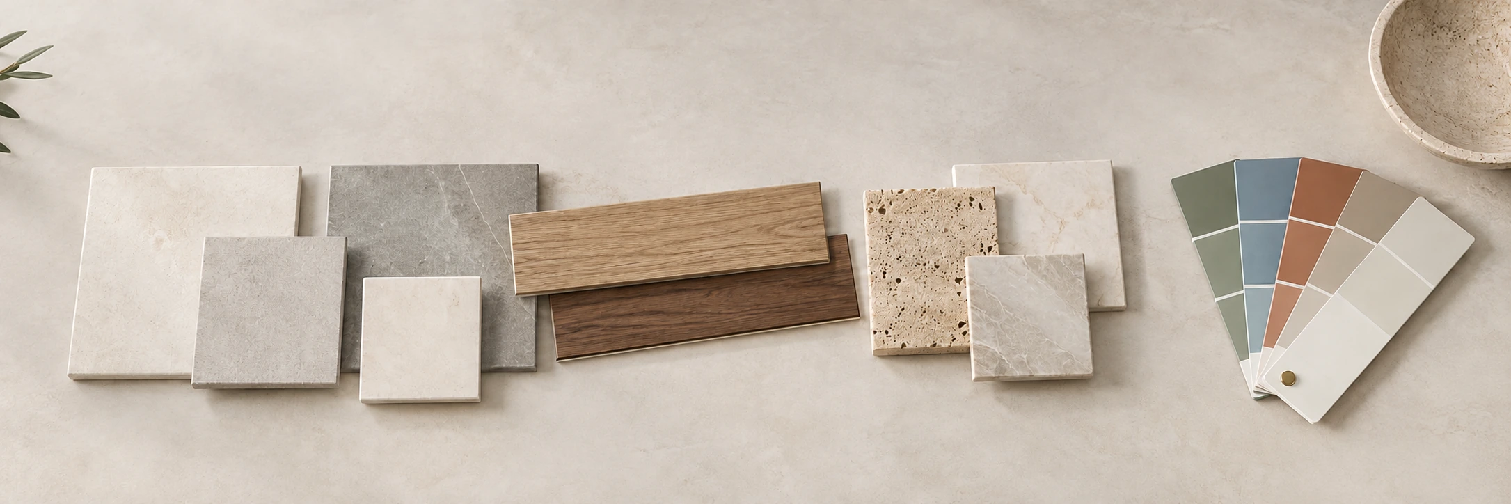 Échantillons de carrelage, de carrelage imitation parquet et de pierre naturelle, accompagnés d’un nuancier de couleurs.