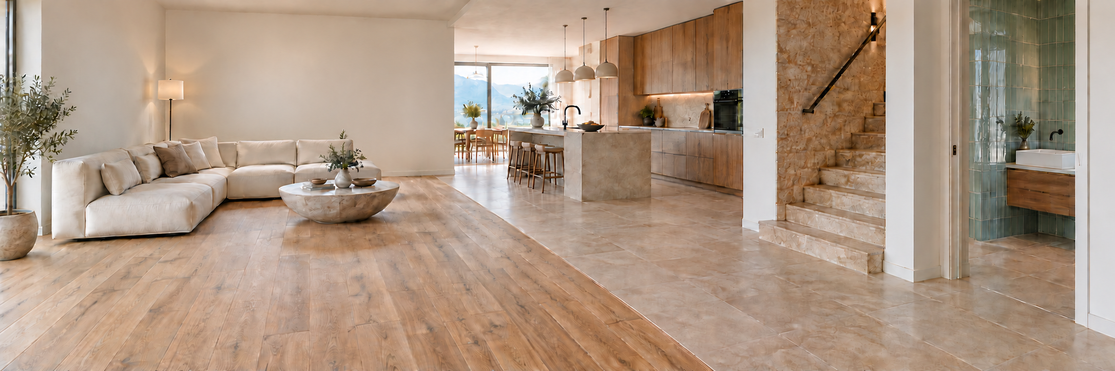 Salon en parquet, cuisine carrelée, escalier en pierre naturelle et salle d’eau aux murs en faïence.