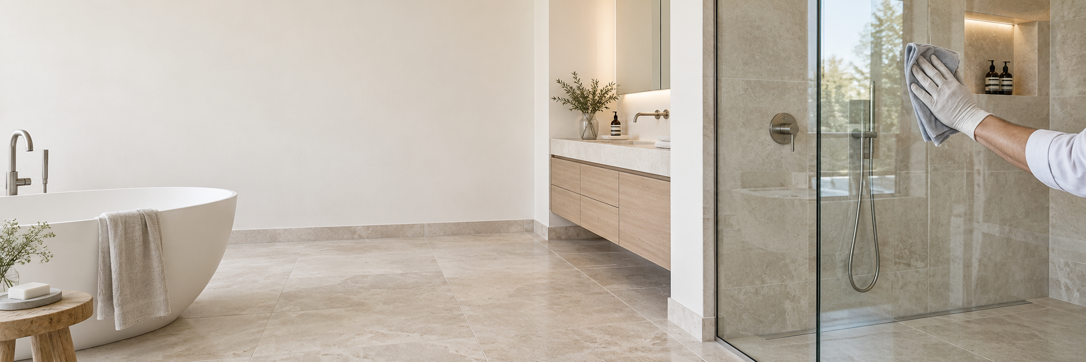 Nettoyage d’une paroi de douche vitrée avec un chiffon microfibre, dans une salle de bains en pierre claire.